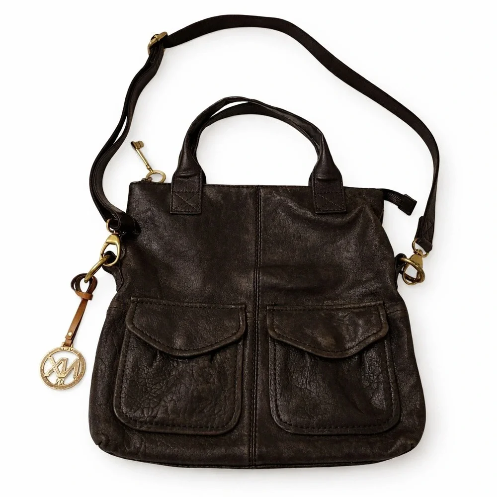 Fossil Black Slouchy Leather Fold‎ Over Cargo Purse Bag Sade Noire Dark Academia